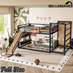 Bellemave® Kids Metal Twin/Full Bunk Bed with Slide, Basketball Hoop and Climbing Wall, Space - Saving Play Loft Bed Frame, Black - Bellemave