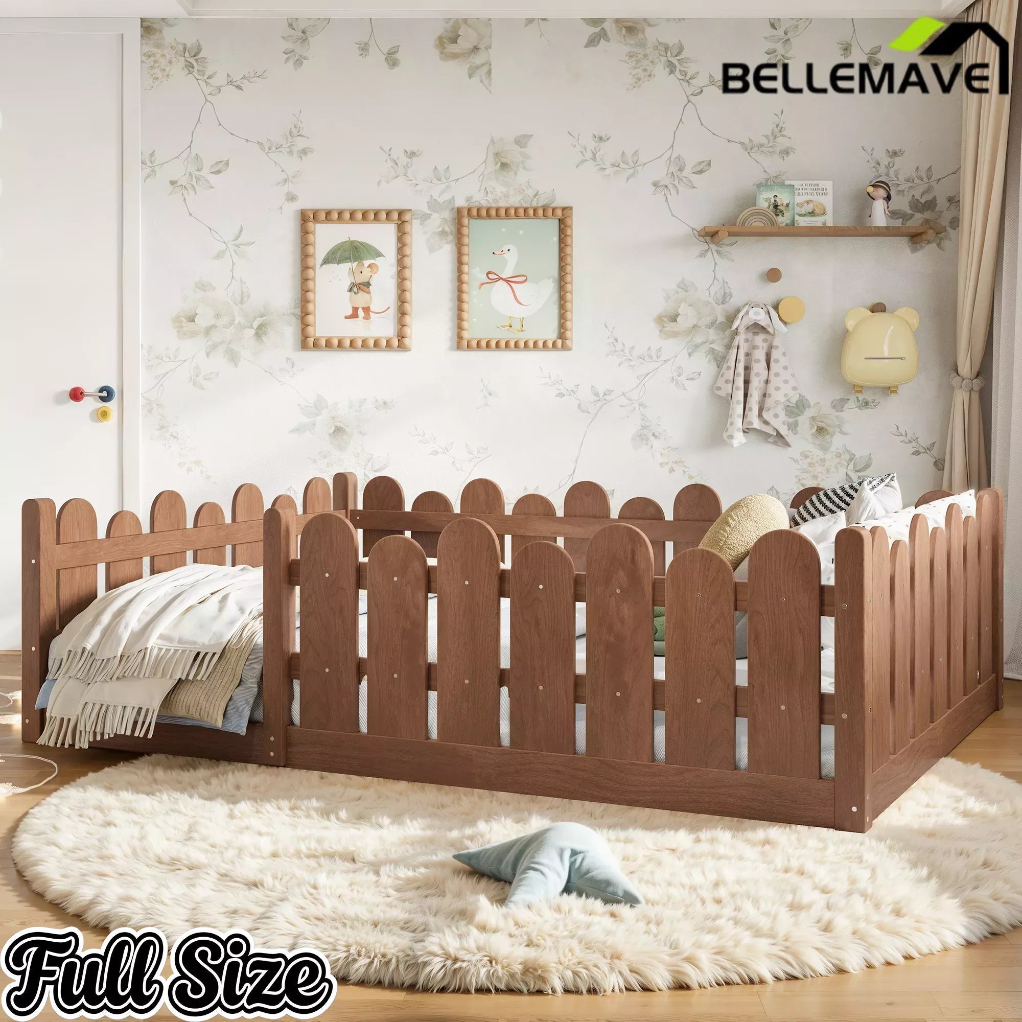 Bellemave® Kids Montessori Floor Bed with Rounded Safety Guardrail,Solid Wood Montessori Bed for Girls & Boys - Bellemave