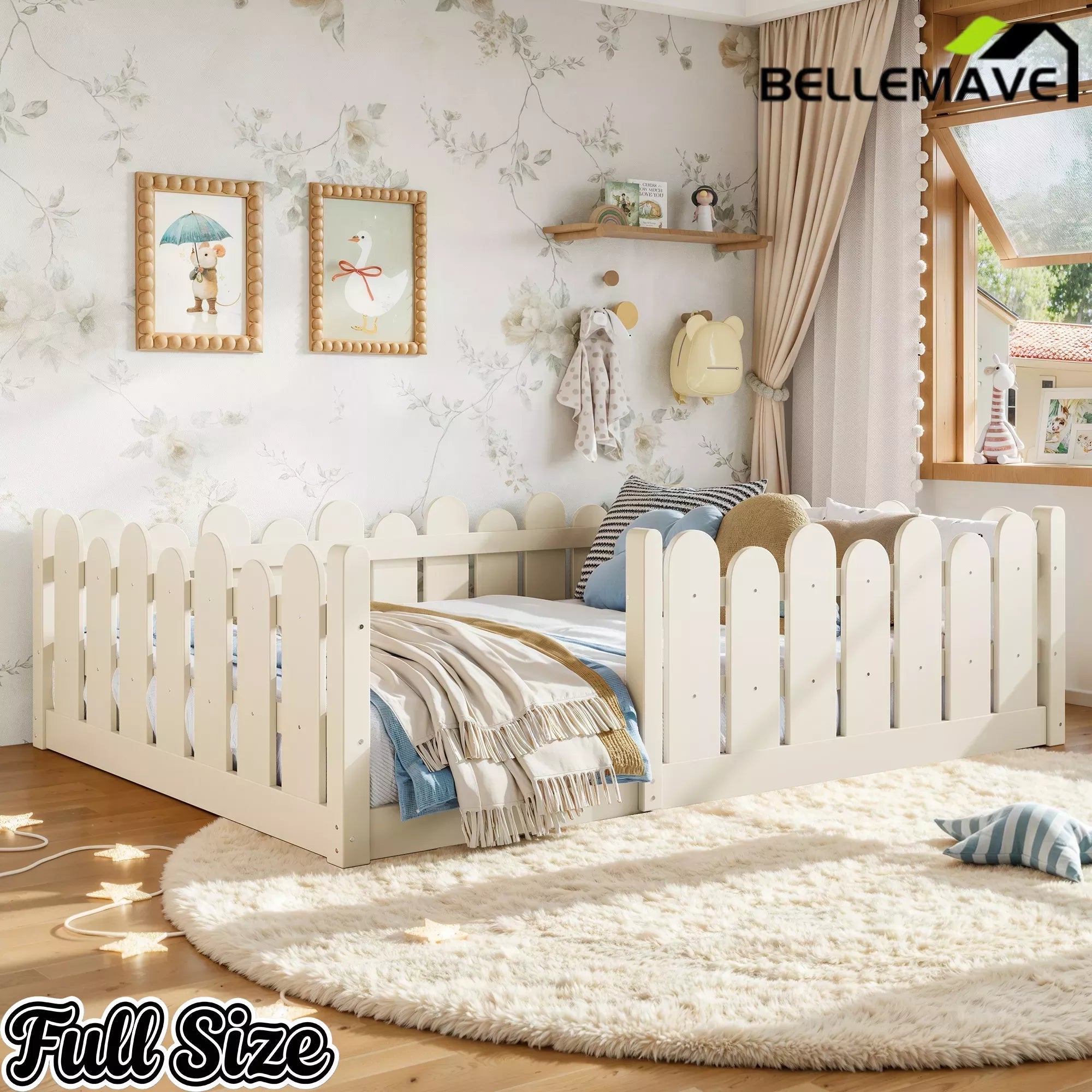Bellemave® Kids Montessori Floor Bed with Rounded Safety Guardrail,Solid Wood Montessori Bed for Girls & Boys - Bellemave