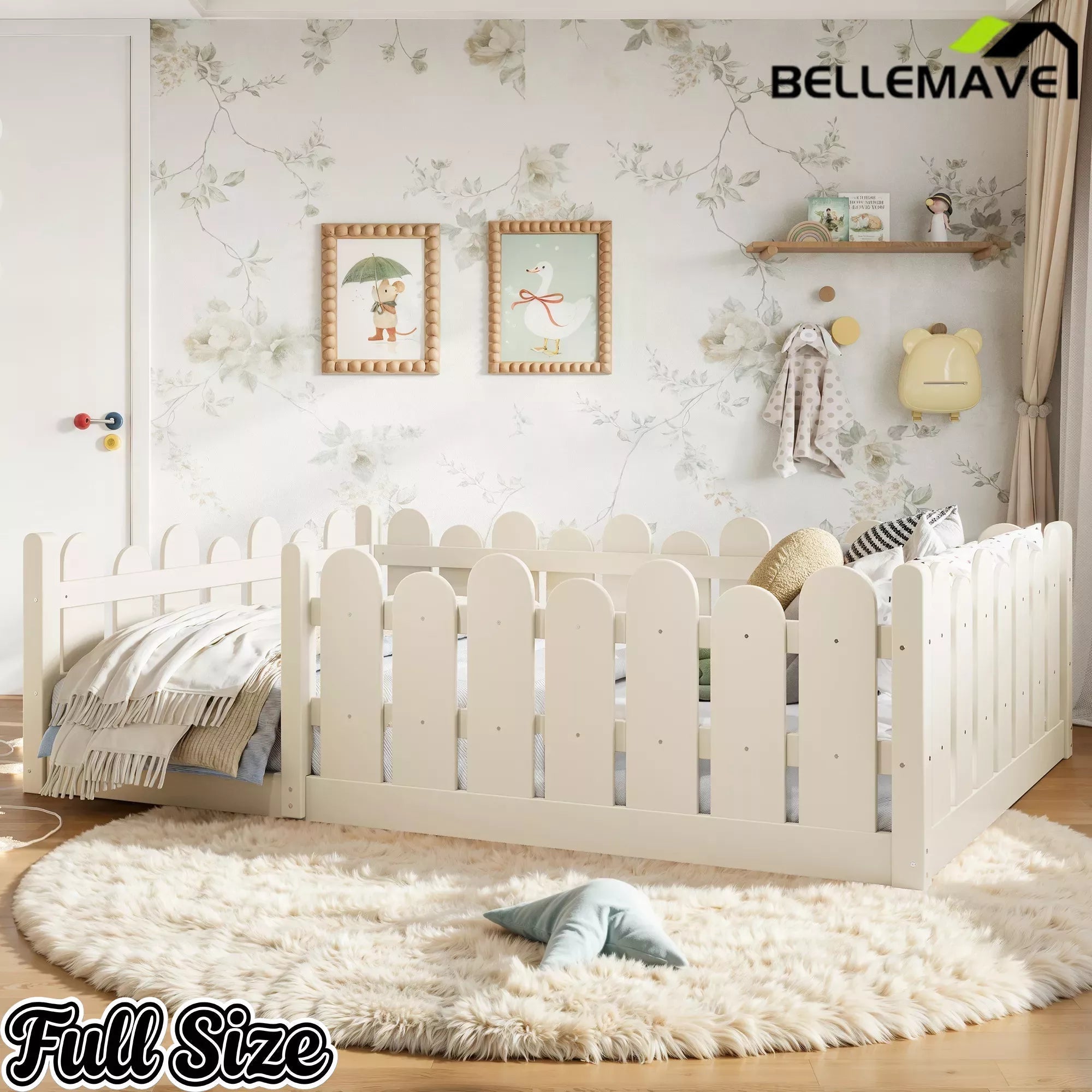 Bellemave® Kids Montessori Floor Bed with Rounded Safety Guardrail,Solid Wood Montessori Bed for Girls & Boys - Bellemave