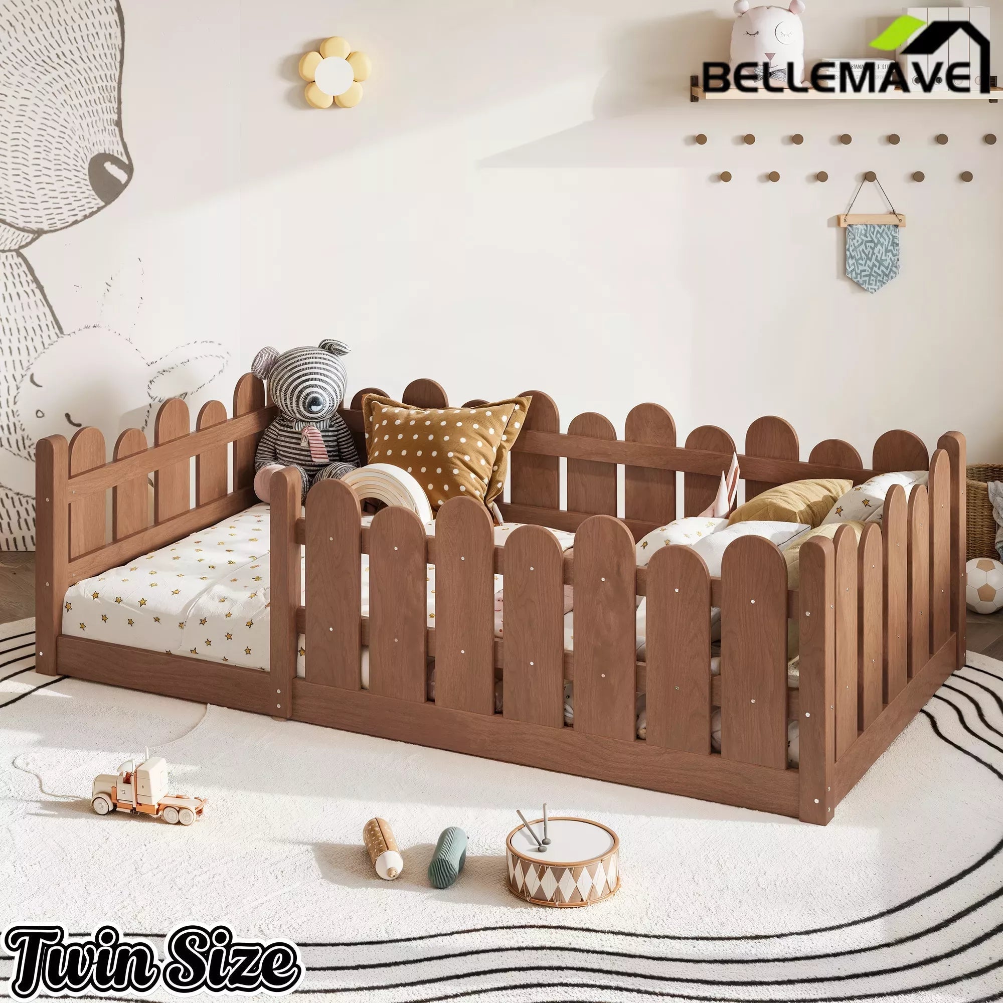 Bellemave® Kids Montessori Floor Bed with Rounded Safety Guardrail,Solid Wood Montessori Bed for Girls & Boys - Bellemave