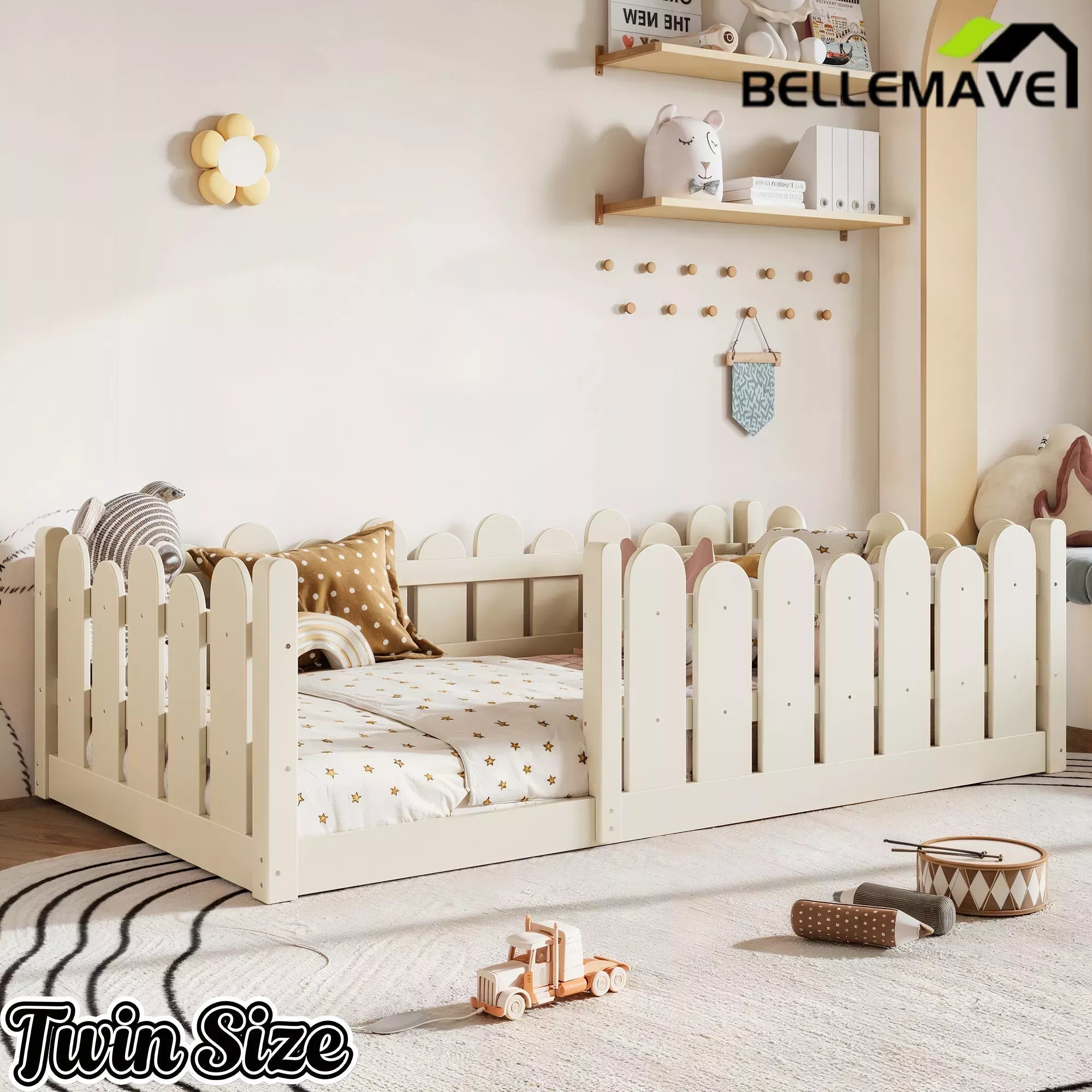 Bellemave® Kids Montessori Floor Bed with Rounded Safety Guardrail,Solid Wood Montessori Bed for Girls & Boys - Bellemave
