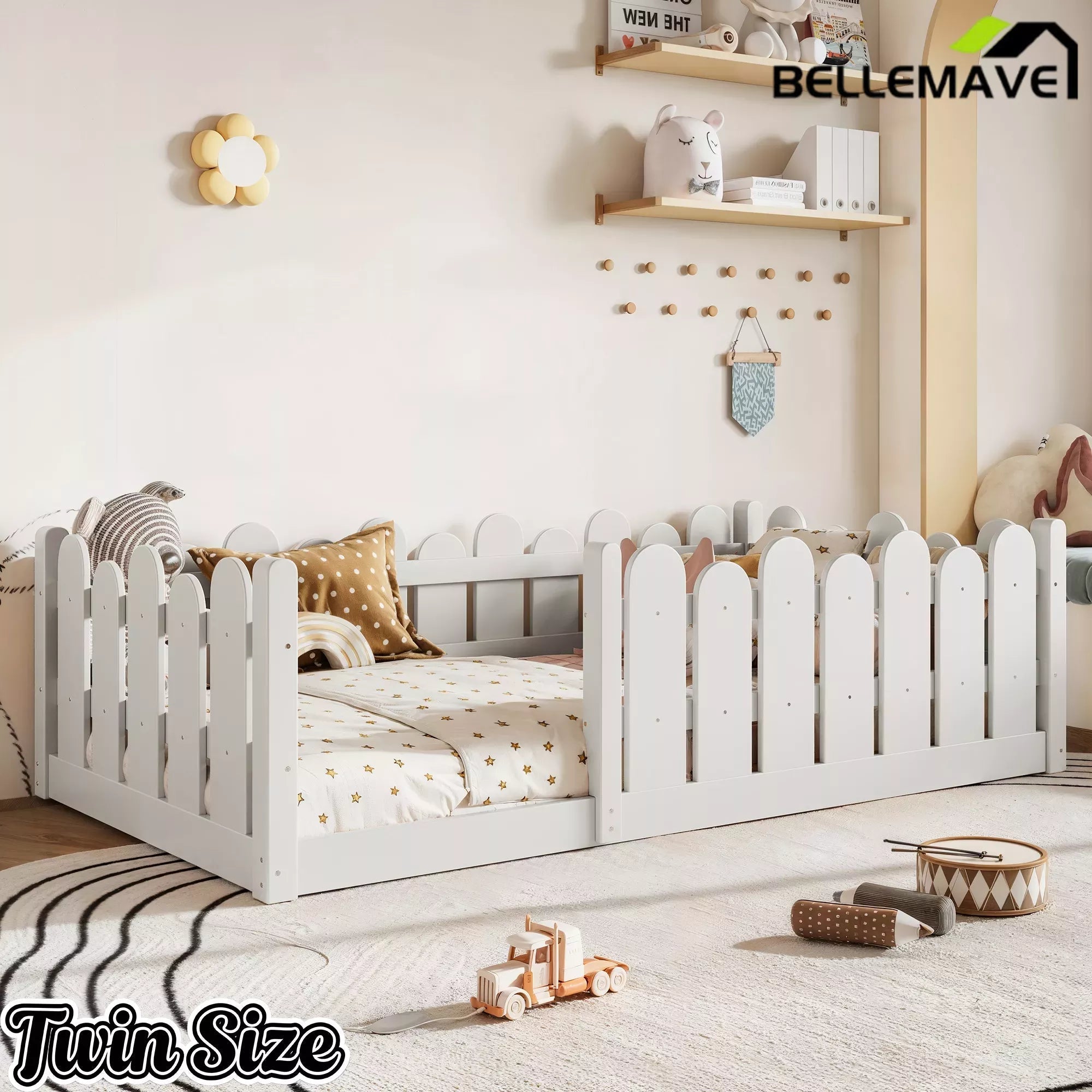 Bellemave® Kids Montessori Floor Bed with Rounded Safety Guardrail,Solid Wood Montessori Bed for Girls & Boys - Bellemave