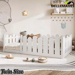 Bellemave® Kids Montessori Floor Bed with Rounded Safety Guardrail,Solid Wood Montessori Bed for Girls & Boys - Bellemave