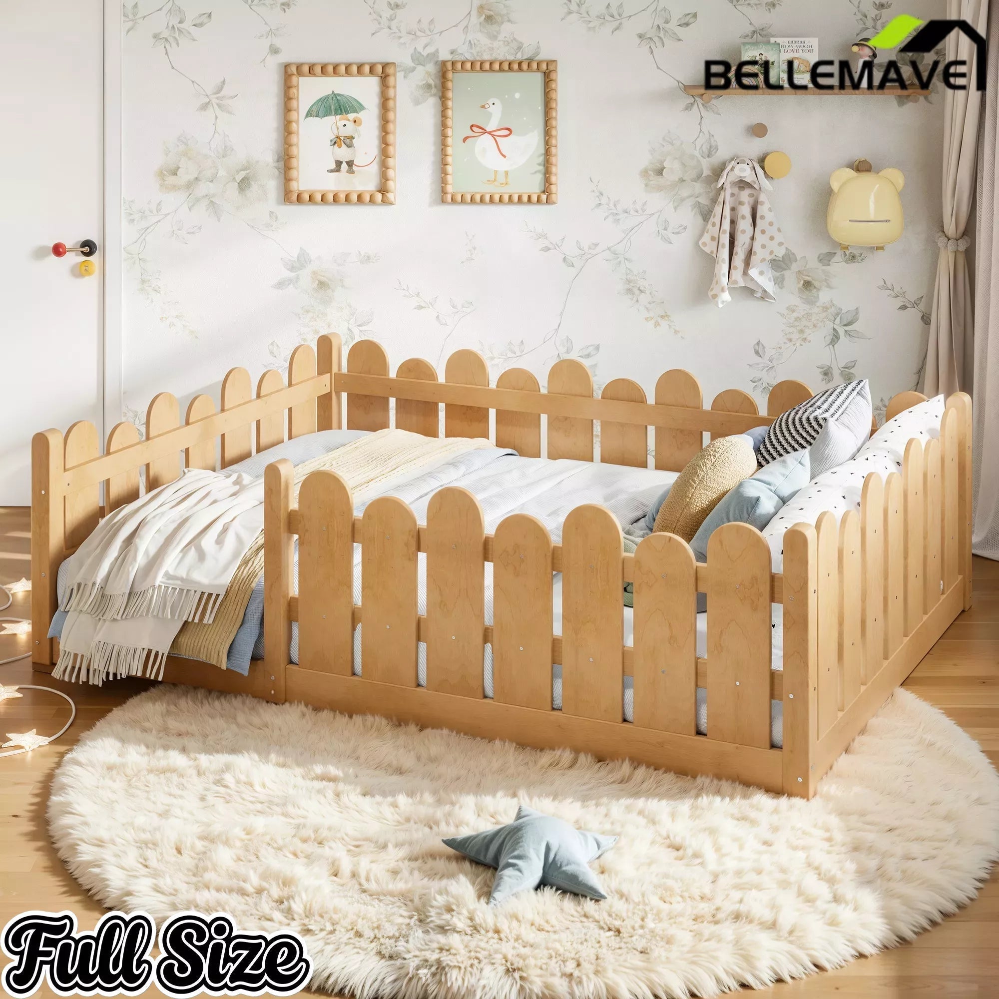 Bellemave® Kids Montessori Floor Bed with Rounded Safety Guardrail,Solid Wood Montessori Bed for Girls & Boys - Bellemave