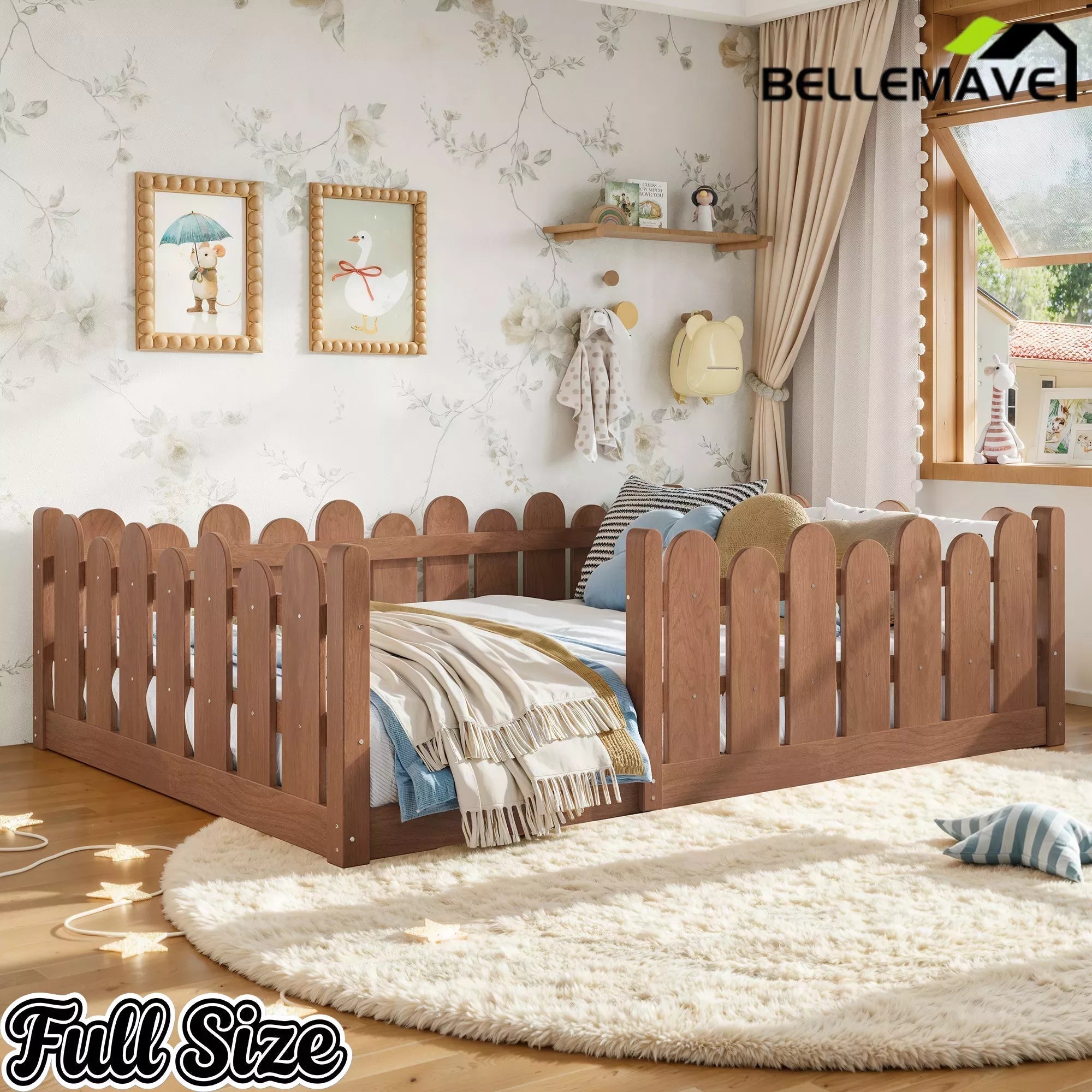 Bellemave® Kids Montessori Floor Bed with Rounded Safety Guardrail,Solid Wood Montessori Bed for Girls & Boys - Bellemave