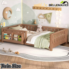 Bellemave® Kids Montessori Floor Bed with Safety Guardrails, Built-in Bookcase & Wooden Slats — Twin, Full, Queen Sizes - Bellemave