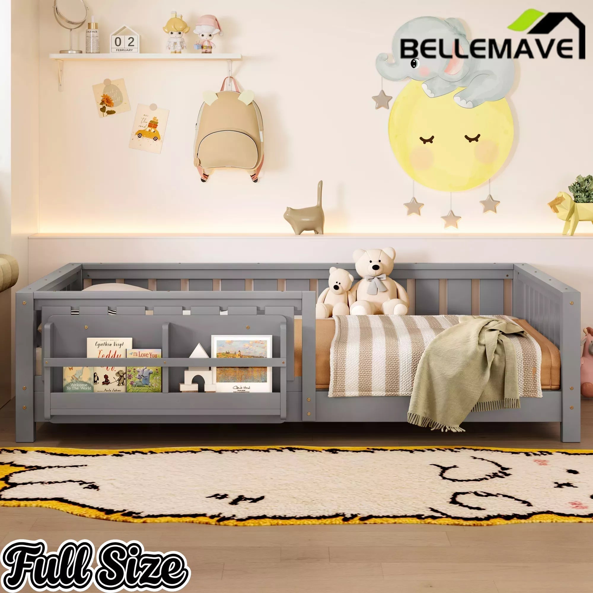 Bellemave® Kids Montessori Floor Bed with Safety Guardrails, Built-in Bookcase & Wooden Slats — Twin, Full, Queen Sizes - Bellemave