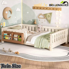 Bellemave® Kids Montessori Floor Bed with Safety Guardrails, Built-in Bookcase & Wooden Slats — Twin, Full, Queen Sizes - Bellemave