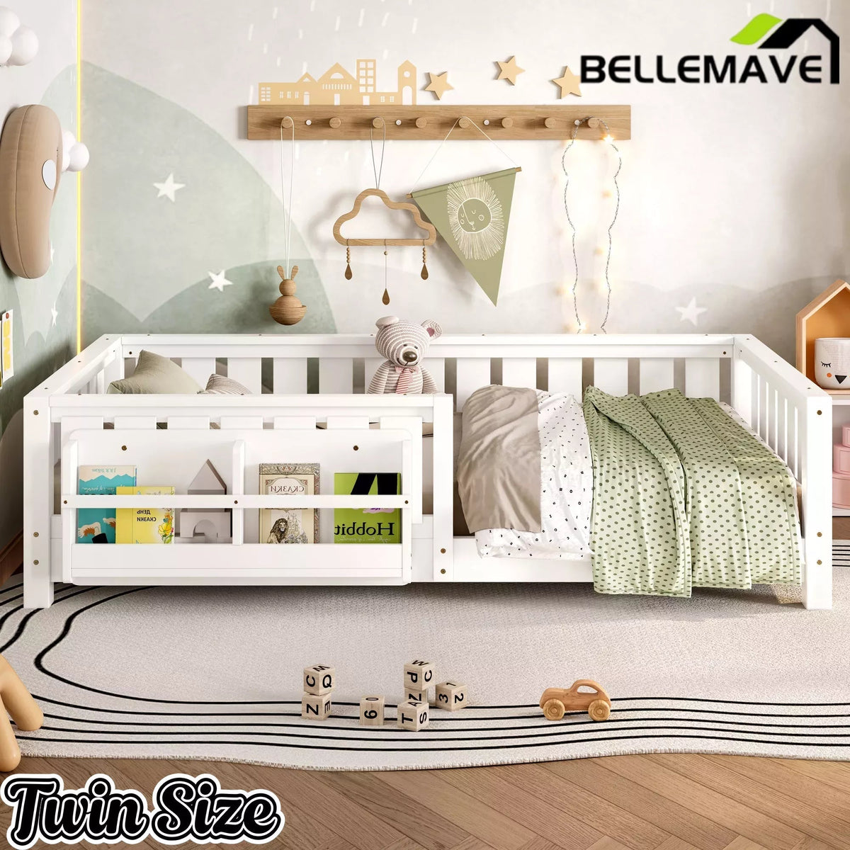 Bellemave® Kids Montessori Floor Bed with Safety Guardrails, Built-in Bookcase & Wooden Slats — Twin, Full, Queen Sizes - Bellemave