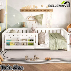 Bellemave® Kids Montessori Floor Bed with Safety Guardrails, Built-in Bookcase & Wooden Slats — Twin, Full, Queen Sizes - Bellemave
