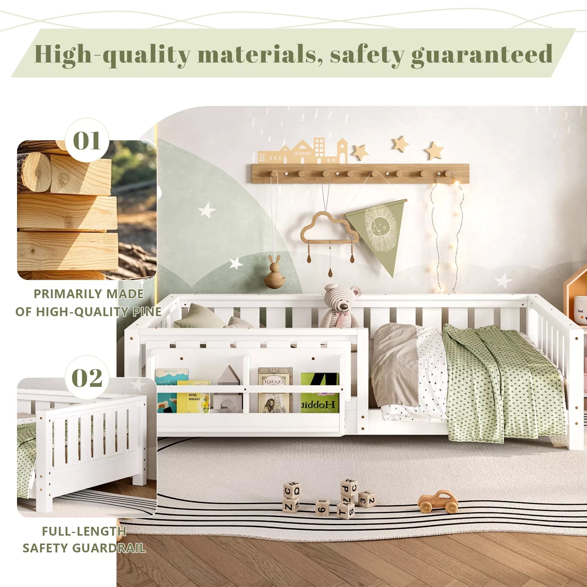 Bellemave® Kids Montessori Floor Bed with Safety Guardrails, Built-in Bookcase & Wooden Slats — Twin, Full, Queen Sizes - Bellemave