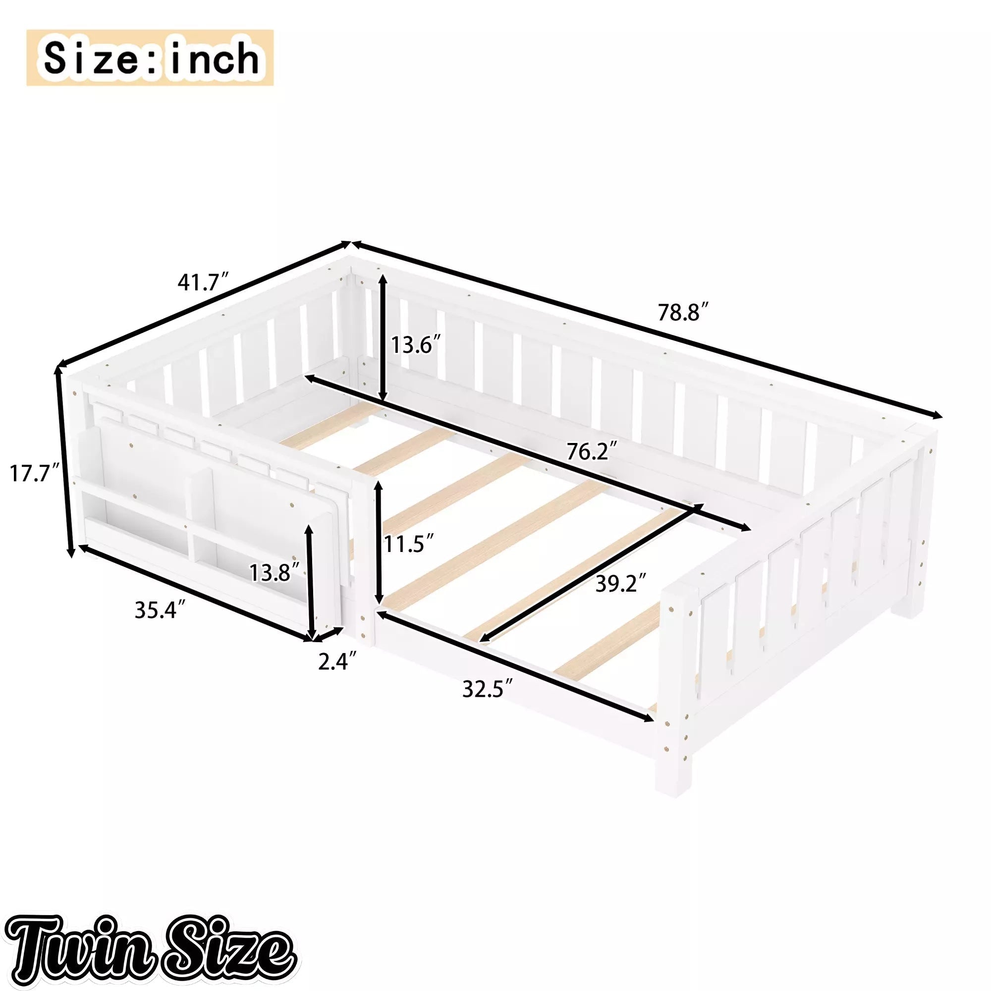 Bellemave® Kids Montessori Floor Bed with Safety Guardrails, Built-in Bookcase & Wooden Slats — Twin, Full, Queen Sizes - Bellemave