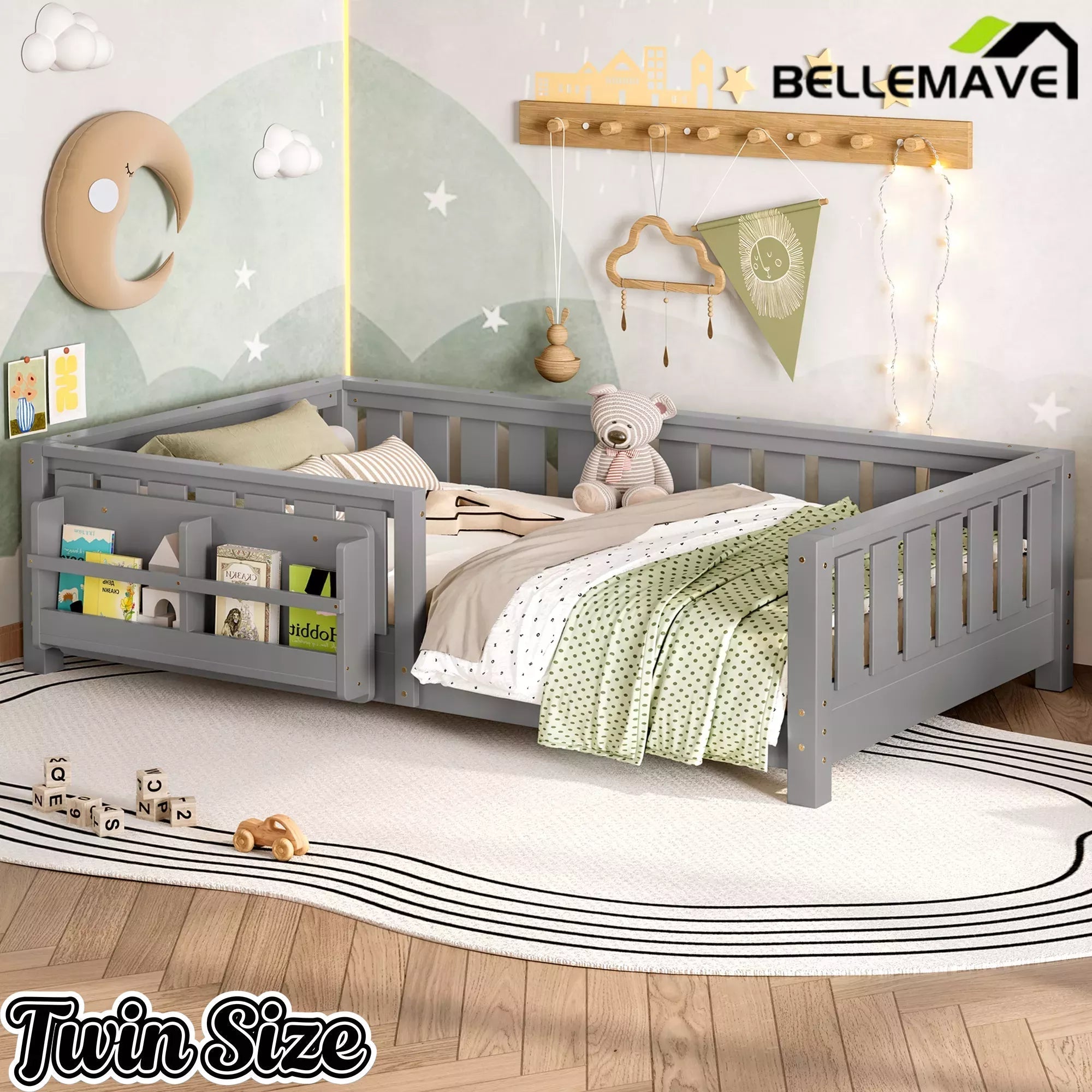 Bellemave® Kids Montessori Floor Bed with Safety Guardrails, Built-in Bookcase & Wooden Slats — Twin, Full, Queen Sizes - Bellemave