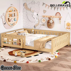 Bellemave® Kids Montessori Floor Bed with Safety Guardrails, Built-in Bookcase & Wooden Slats — Twin, Full, Queen Sizes - Bellemave