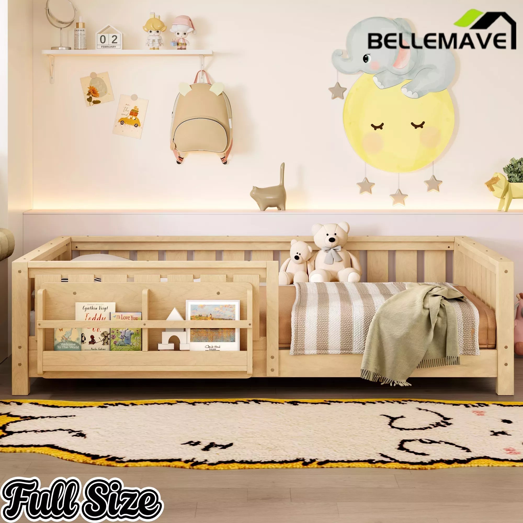Bellemave® Kids Montessori Floor Bed with Safety Guardrails, Built-in Bookcase & Wooden Slats — Twin, Full, Queen Sizes - Bellemave