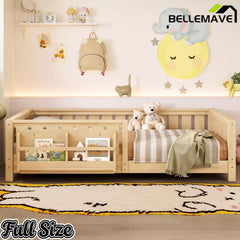 Bellemave® Kids Montessori Floor Bed with Safety Guardrails, Built-in Bookcase & Wooden Slats — Twin, Full, Queen Sizes - Bellemave