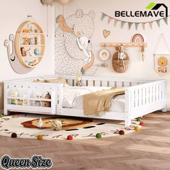 Bellemave® Kids Montessori Floor Bed with Safety Guardrails, Built-in Bookcase & Wooden Slats — Twin, Full, Queen Sizes - Bellemave