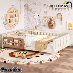 Bellemave® Kids Montessori Floor Bed with Safety Guardrails, Built-in Bookcase & Wooden Slats — Twin, Full, Queen Sizes - Bellemave