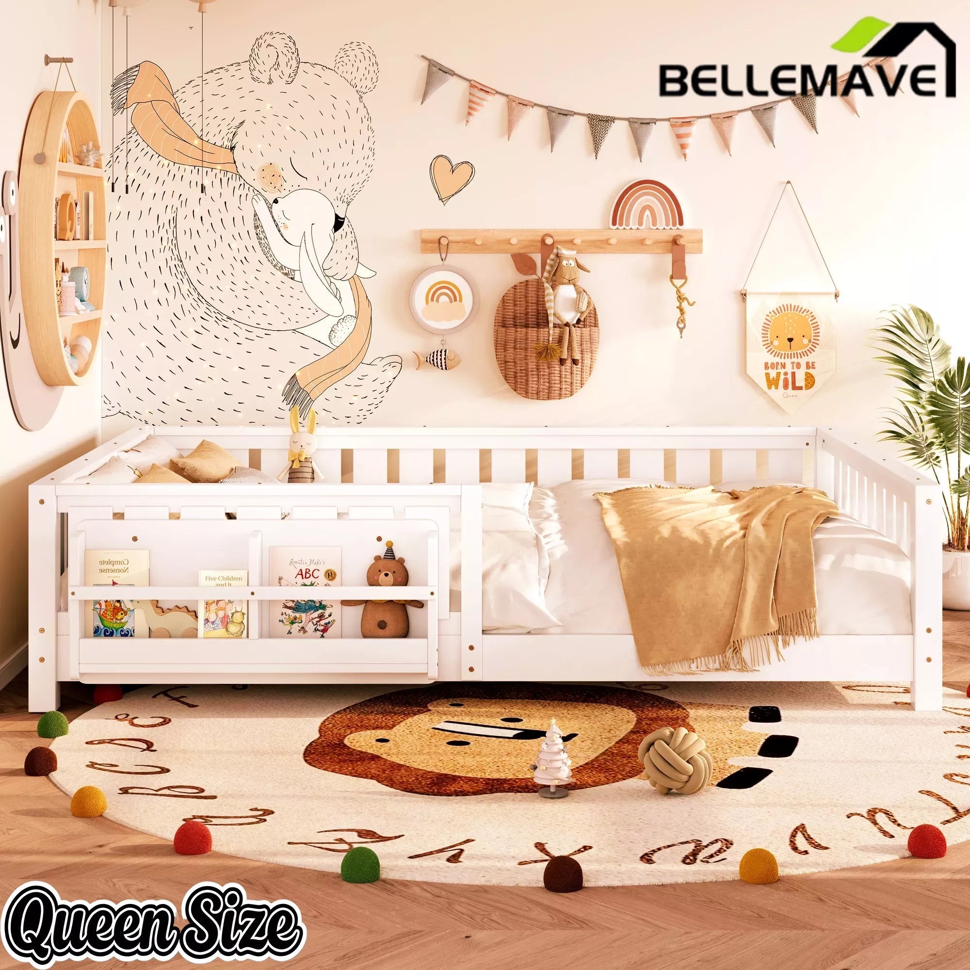 Bellemave® Kids Montessori Floor Bed with Safety Guardrails, Built-in Bookcase & Wooden Slats — Twin, Full, Queen Sizes - Bellemave