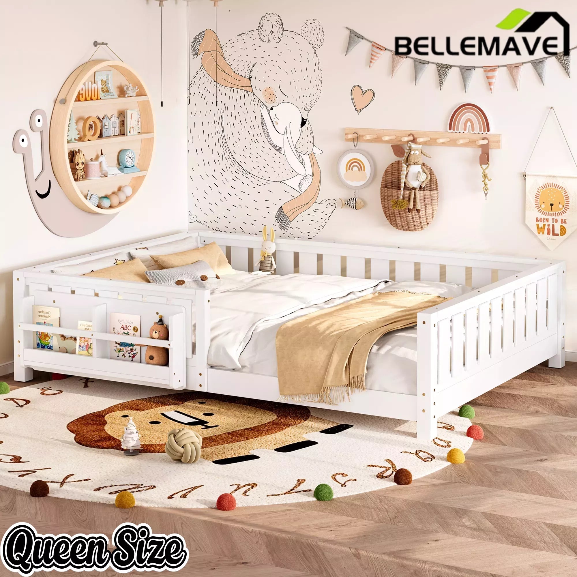 Bellemave® Kids Montessori Floor Bed with Safety Guardrails, Built-in Bookcase & Wooden Slats — Twin, Full, Queen Sizes - Bellemave