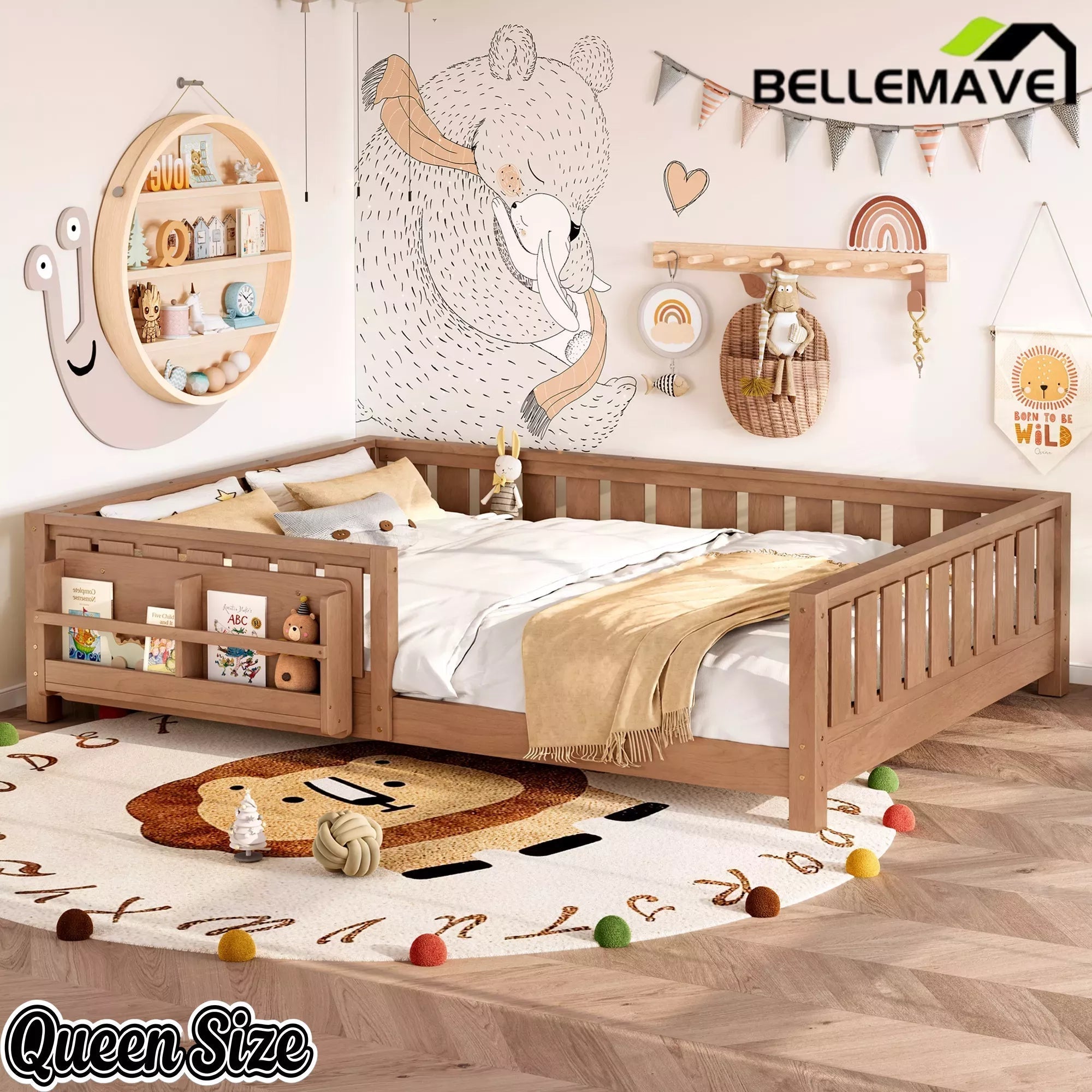 Bellemave® Kids Montessori Floor Bed with Safety Guardrails, Built-in Bookcase & Wooden Slats — Twin, Full, Queen Sizes - Bellemave