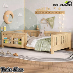 Bellemave® Kids Montessori Floor Bed with Safety Guardrails, Built-in Bookcase & Wooden Slats — Twin, Full, Queen Sizes - Bellemave