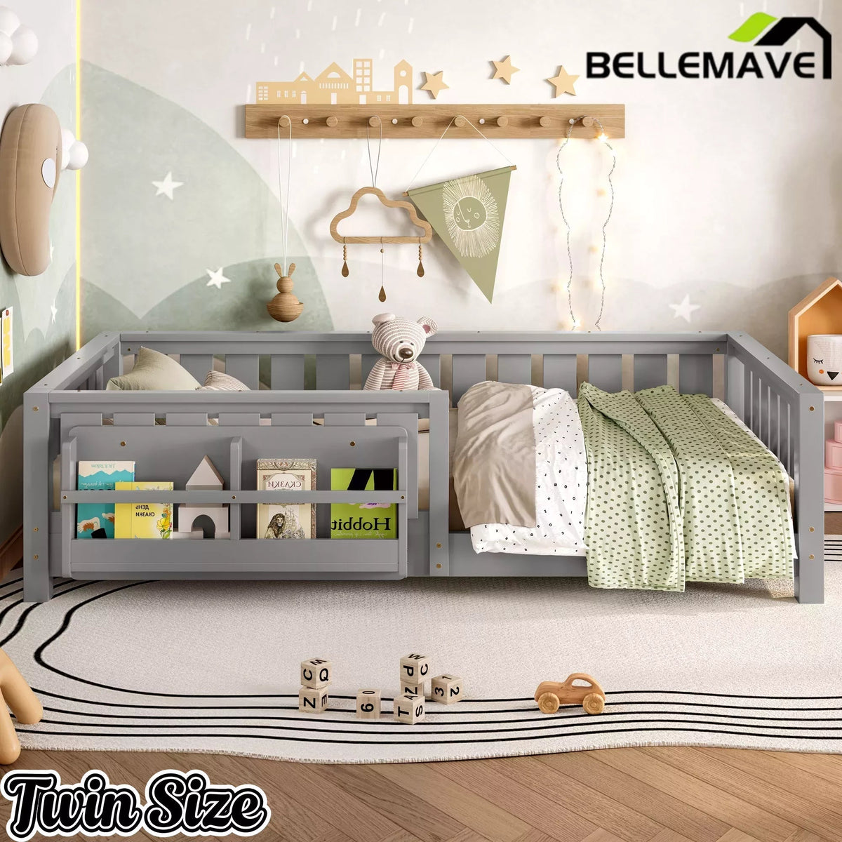 Bellemave® Kids Montessori Floor Bed with Safety Guardrails, Built-in Bookcase & Wooden Slats — Twin, Full, Queen Sizes - Bellemave