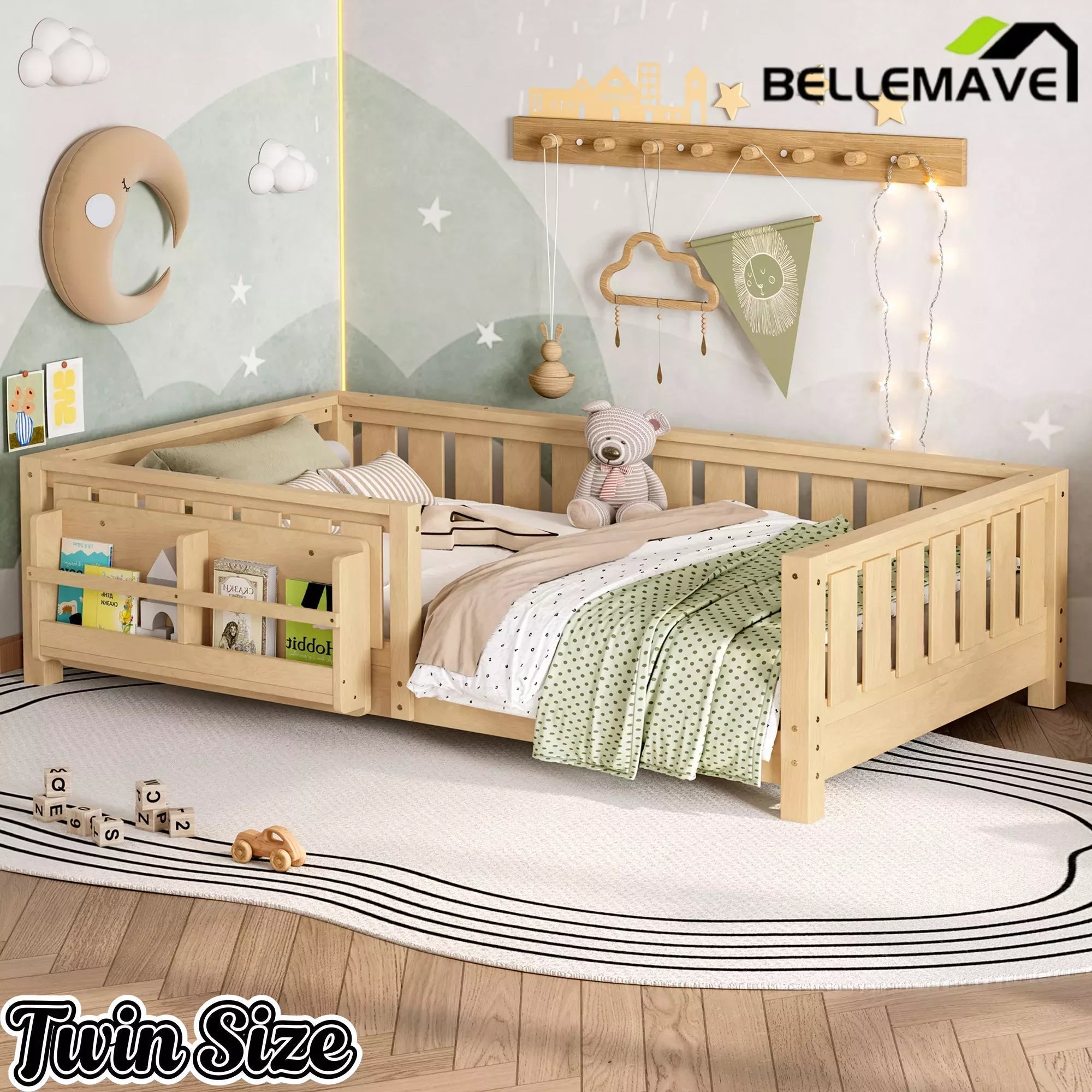 Bellemave® Kids Montessori Floor Bed with Safety Guardrails, Built-in Bookcase & Wooden Slats — Twin, Full, Queen Sizes - Bellemave