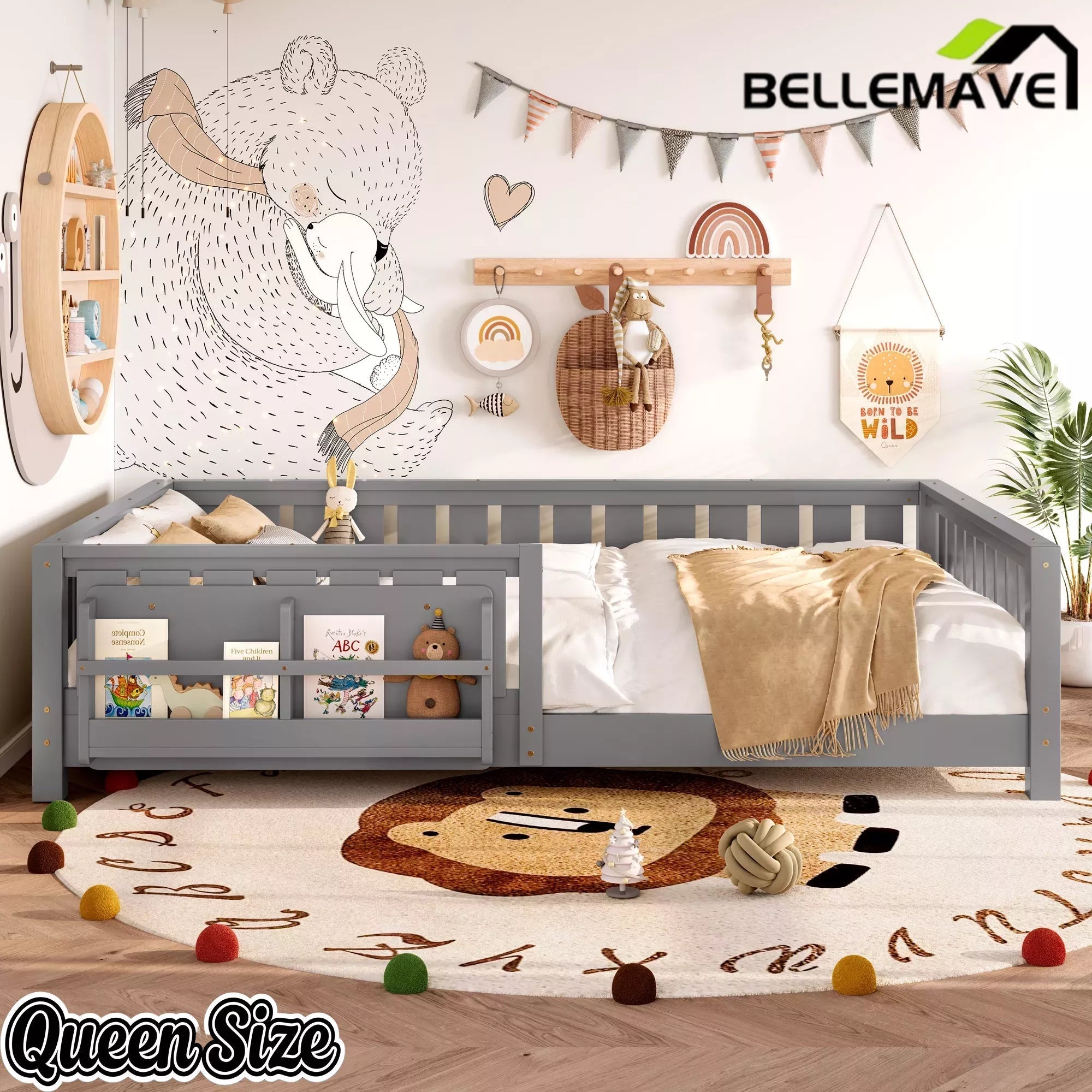 Bellemave® Kids Montessori Floor Bed with Safety Guardrails, Built-in Bookcase & Wooden Slats — Twin, Full, Queen Sizes - Bellemave
