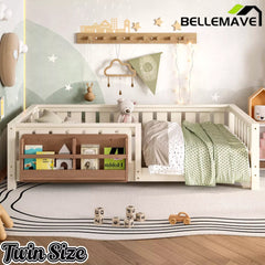 Bellemave® Kids Montessori Floor Bed with Safety Guardrails, Built-in Bookcase & Wooden Slats — Twin, Full, Queen Sizes - Bellemave