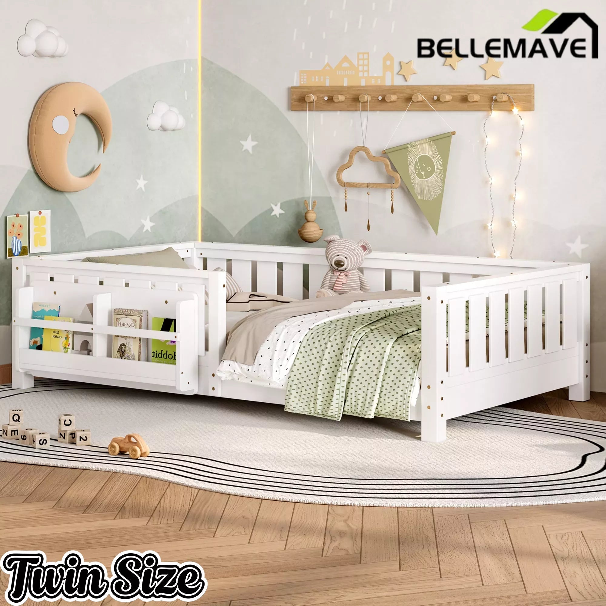 Bellemave® Kids Montessori Floor Bed with Safety Guardrails, Built-in Bookcase & Wooden Slats — Twin, Full, Queen Sizes - Bellemave