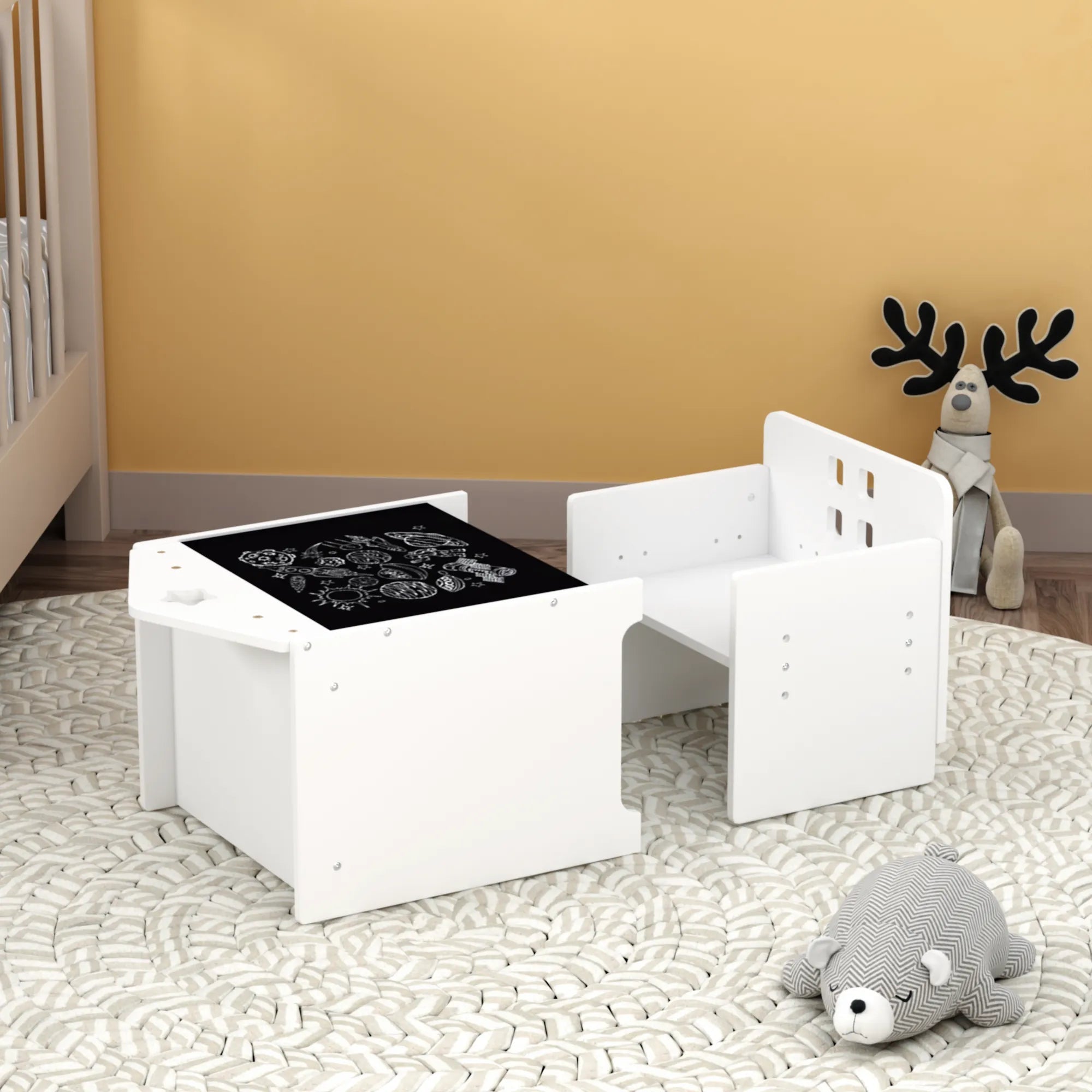 Bellemave® Kids Montessori Weaning Table and Chair Set, Blackboard & 3 Heights Adjustable, 1 - 3 Age Kids Funiture for Eating Drawing Reading - Bellemave