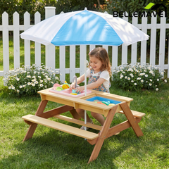 Bellemave® Kids Picnic Table with Umbrella, 3 - in - 1 Outdoor Wooden Convertible Sand & Water Table for Toddlers - Bellemave