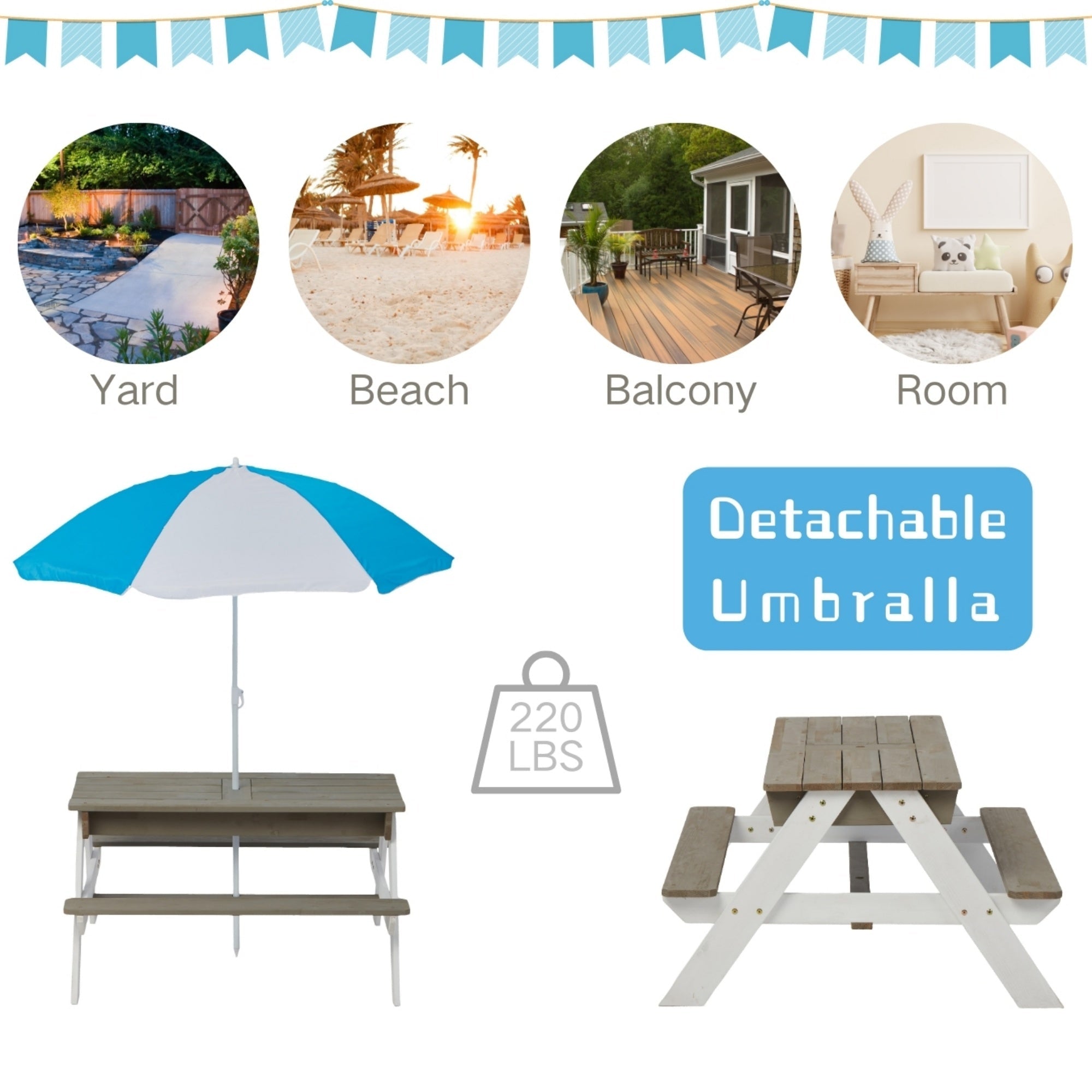 Bellemave® Kids Picnic Table with Umbrella, 3 - in - 1 Outdoor Wooden Convertible Sand & Water Table for Toddlers - Bellemave