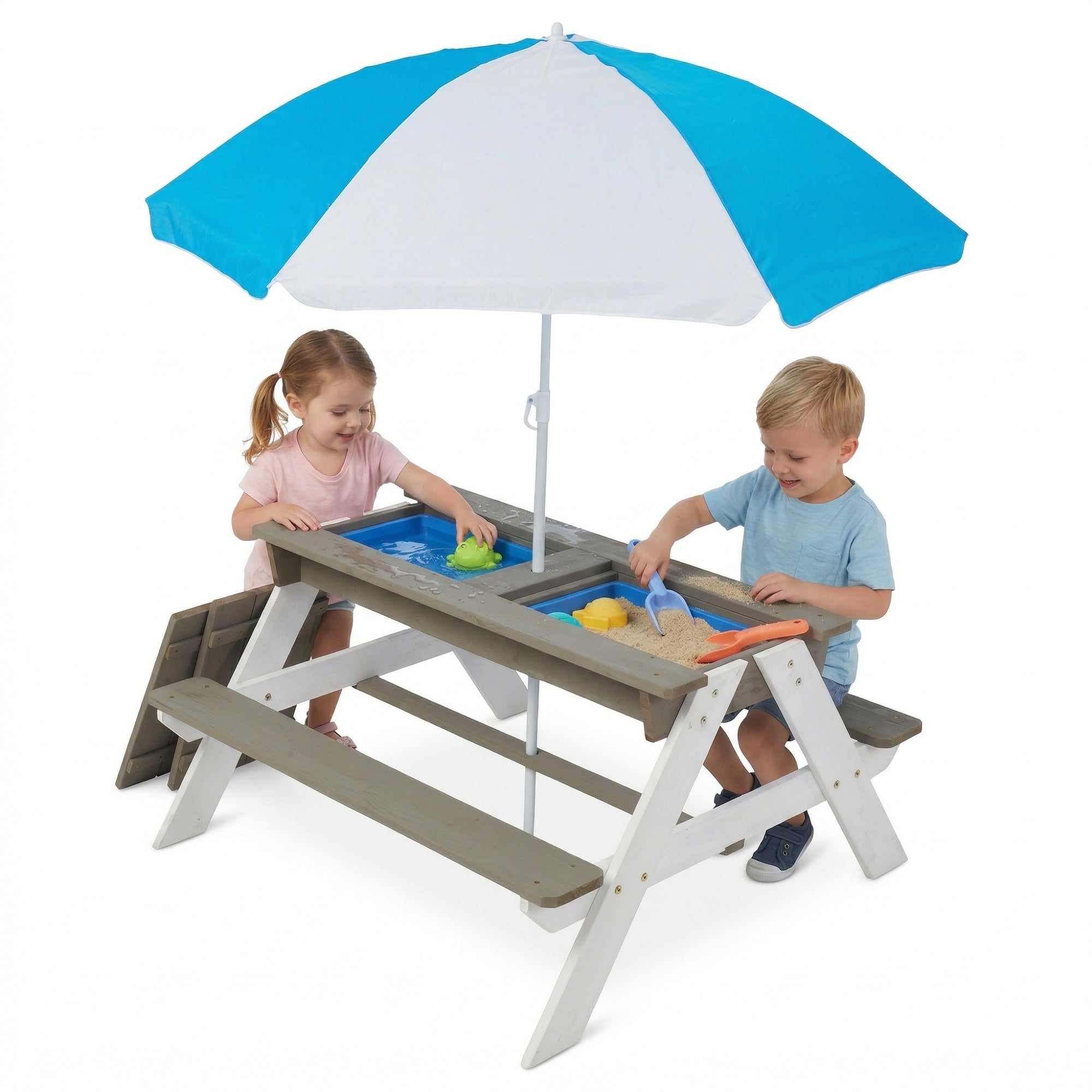 Bellemave® Kids Picnic Table with Umbrella, 3 - in - 1 Outdoor Wooden Convertible Sand & Water Table for Toddlers - Bellemave