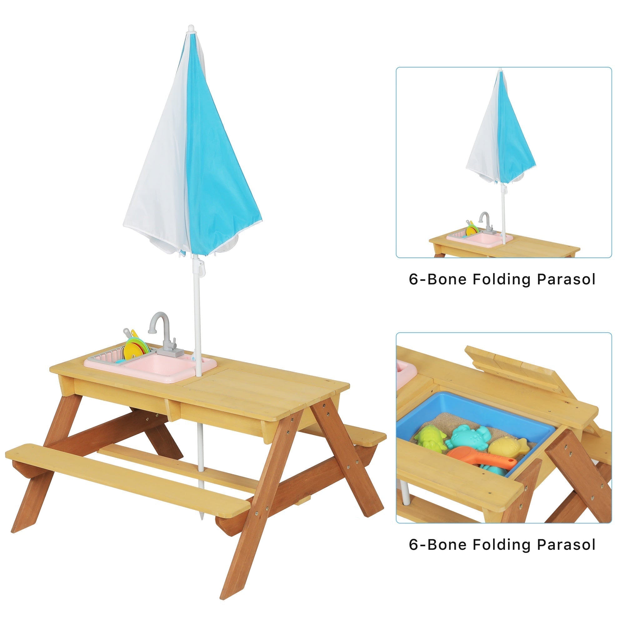Bellemave® Kids Picnic Table with Umbrella, 3 - in - 1 Outdoor Wooden Convertible Sand & Water Table for Toddlers - Bellemave
