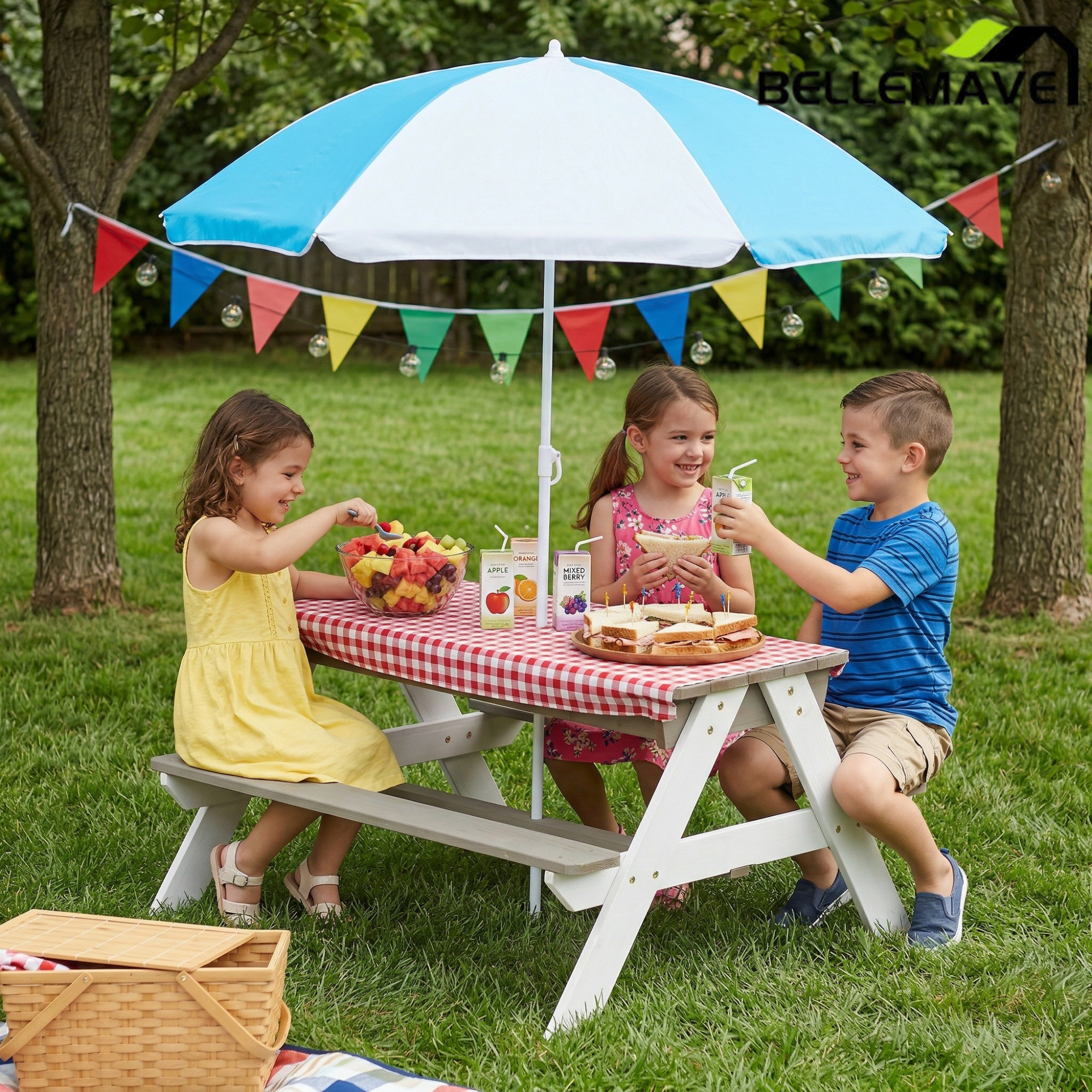 Bellemave® Kids Picnic Table with Umbrella, 3 - in - 1 Outdoor Wooden Convertible Sand & Water Table for Toddlers - Bellemave