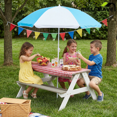 Bellemave® Kids Picnic Table with Umbrella, 3 - in - 1 Outdoor Wooden Convertible Sand & Water Table for Toddlers - Bellemave