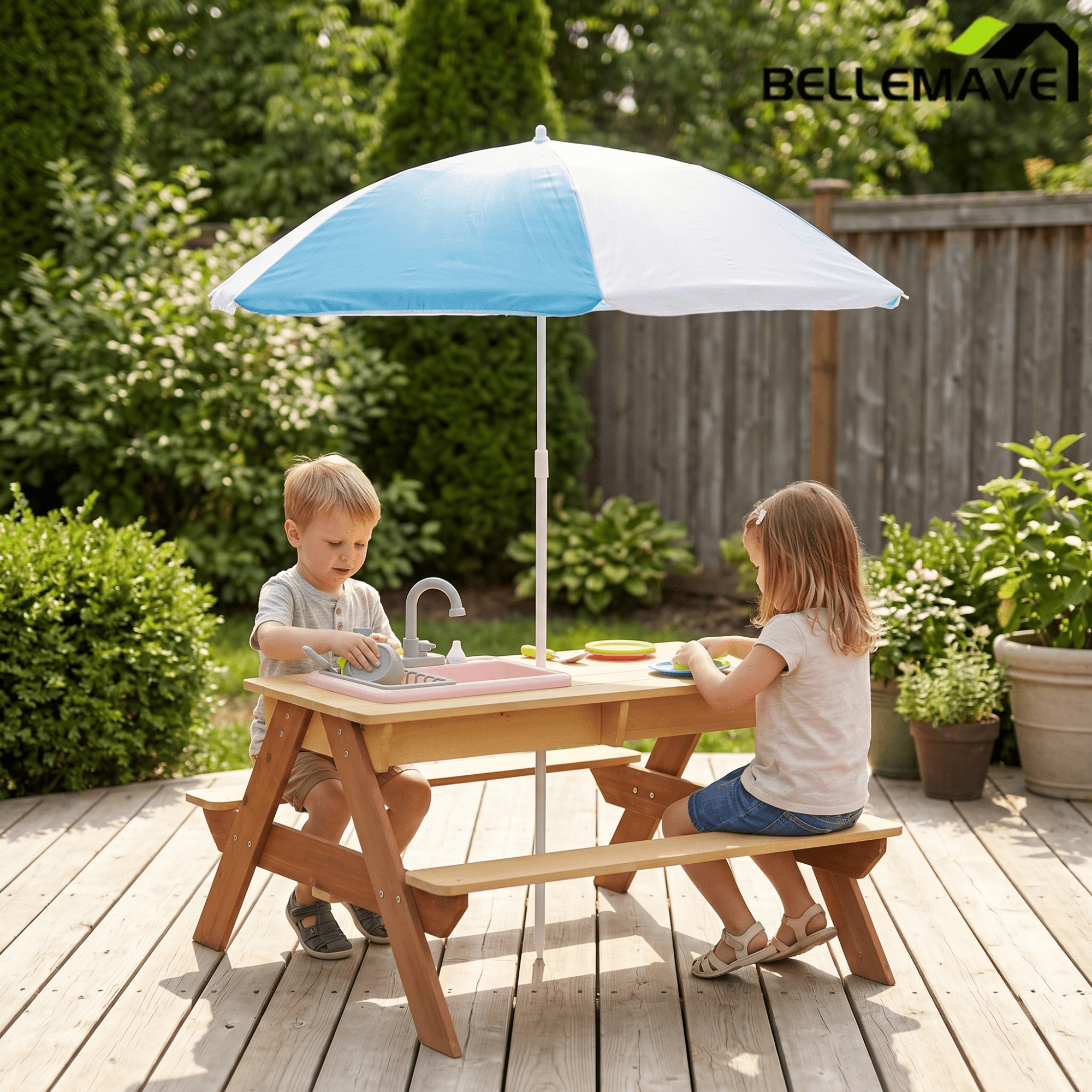 Bellemave® Kids Picnic Table with Umbrella, 3 - in - 1 Outdoor Wooden Convertible Sand & Water Table for Toddlers - Bellemave