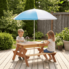 Bellemave® Kids Picnic Table with Umbrella, 3 - in - 1 Outdoor Wooden Convertible Sand & Water Table for Toddlers - Bellemave