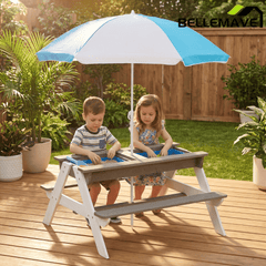 Bellemave® Kids Picnic Table with Umbrella, 3 - in - 1 Outdoor Wooden Convertible Sand & Water Table for Toddlers - Bellemave