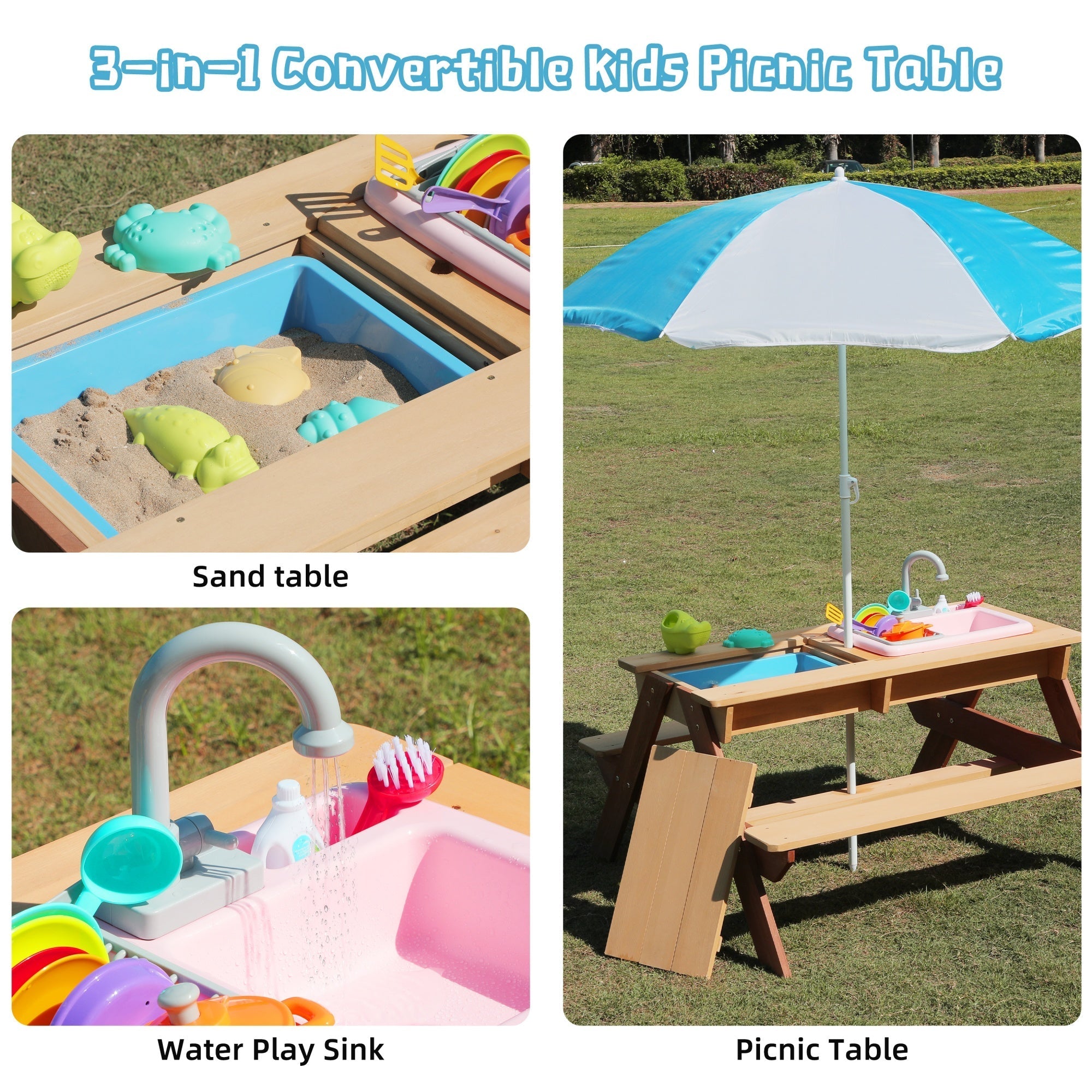 Bellemave® Kids Picnic Table with Umbrella, 3 - in - 1 Outdoor Wooden Convertible Sand & Water Table for Toddlers - Bellemave