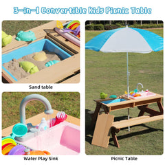 Bellemave® Kids Picnic Table with Umbrella, 3 - in - 1 Outdoor Wooden Convertible Sand & Water Table for Toddlers - Bellemave