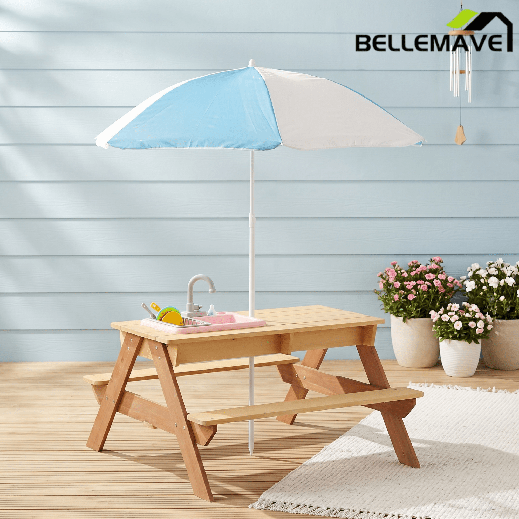 Bellemave® Kids Picnic Table with Umbrella, 3 - in - 1 Outdoor Wooden Convertible Sand & Water Table for Toddlers - Bellemave