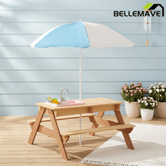 Bellemave® Kids Picnic Table with Umbrella, 3 - in - 1 Outdoor Wooden Convertible Sand & Water Table for Toddlers - Bellemave