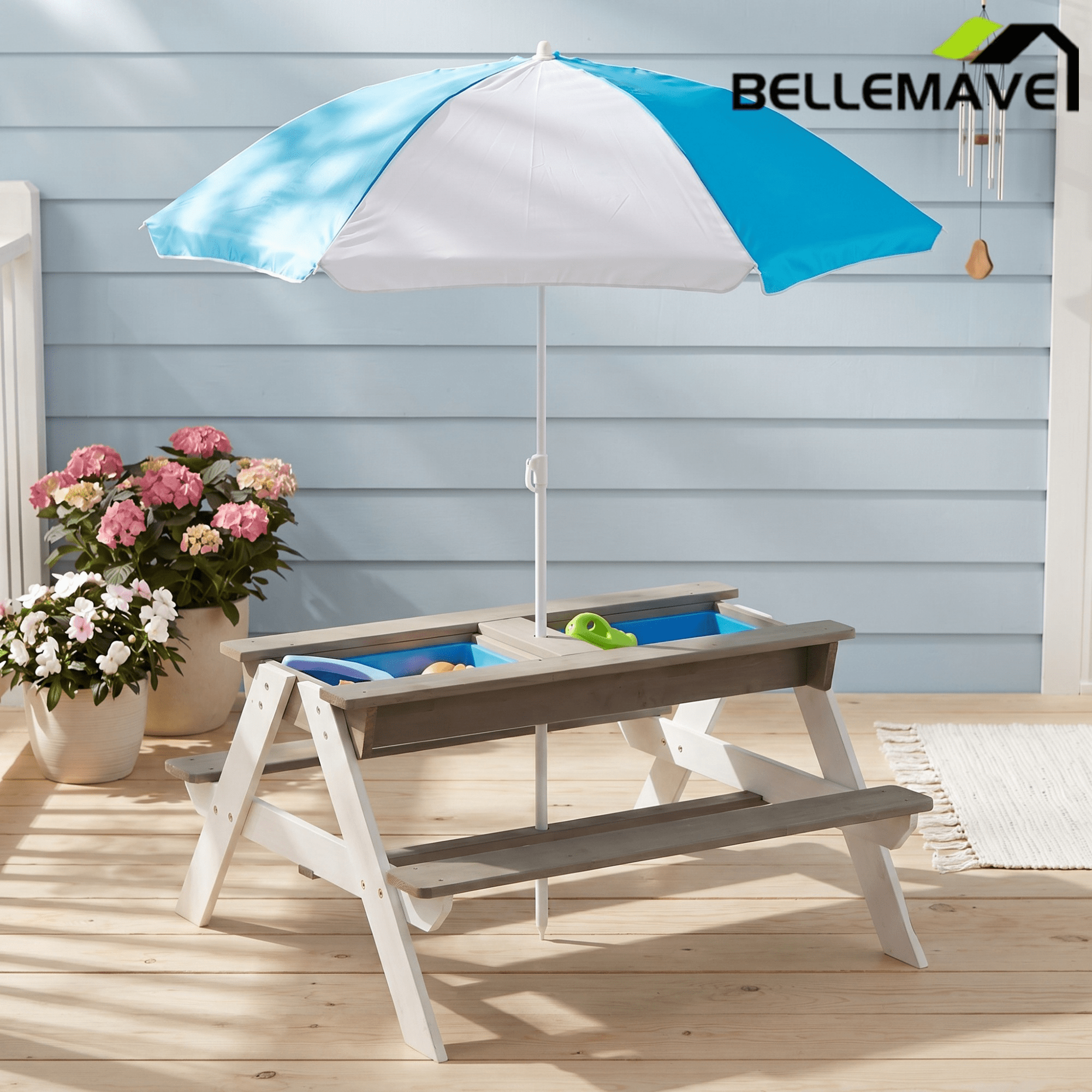 Bellemave® Kids Picnic Table with Umbrella, 3 - in - 1 Outdoor Wooden Convertible Sand & Water Table for Toddlers - Bellemave