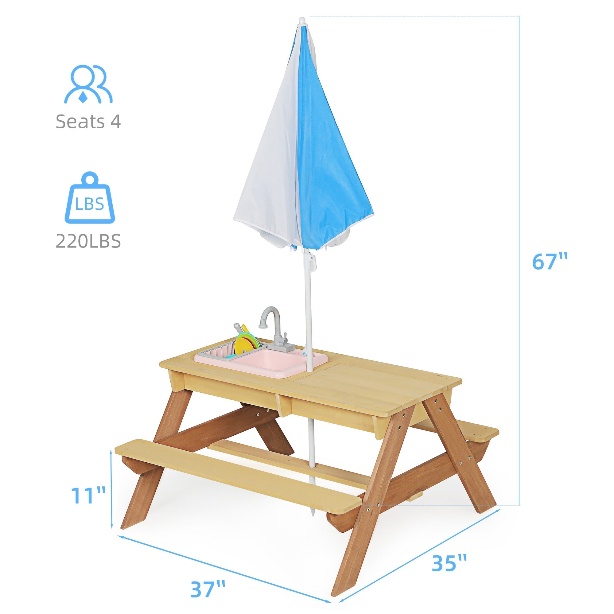 Bellemave® Kids Picnic Table with Umbrella, 3 - in - 1 Outdoor Wooden Convertible Sand & Water Table for Toddlers - Bellemave