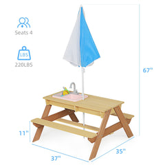 Bellemave® Kids Picnic Table with Umbrella, 3 - in - 1 Outdoor Wooden Convertible Sand & Water Table for Toddlers - Bellemave
