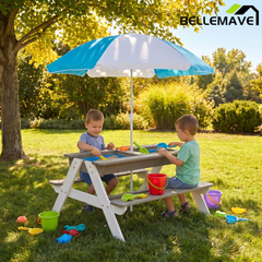 Bellemave® Kids Picnic Table with Umbrella, 3 - in - 1 Outdoor Wooden Convertible Sand & Water Table for Toddlers - Bellemave